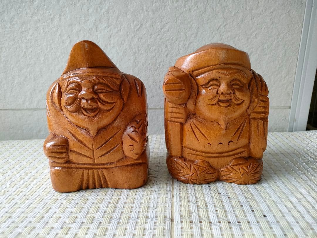 ●【希少・一対】木彫り 縁起人形 大黒天 恵比寿様 夫婦像 民芸 開運 商売繁盛
