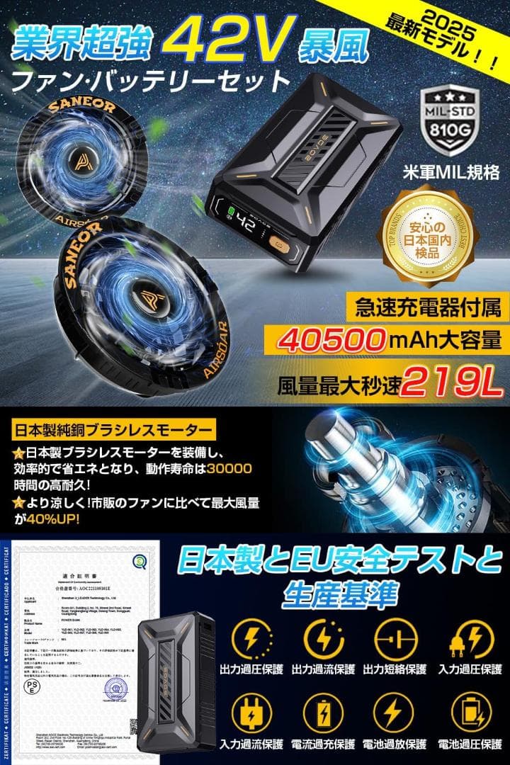 ファンバッテリーセット 40500mAh 作業服 7段階風量調節 42V 説明書