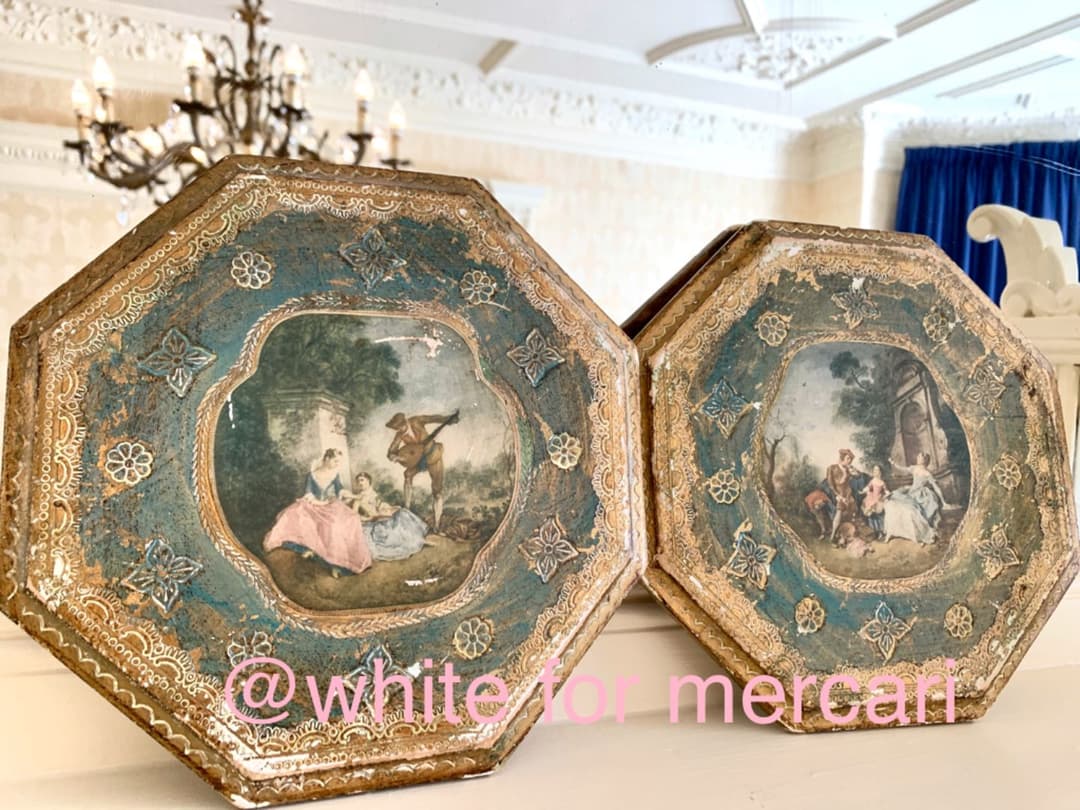 イタリア アンティークプレゼント♡宮廷貴族ワトー画ウッド飾り2枚セット