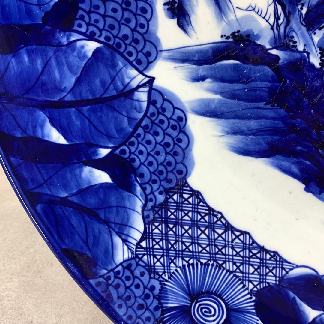 直径53cm ! 大皿 山水図 花 藍色 アンティーク 盛り付け皿 ⑤