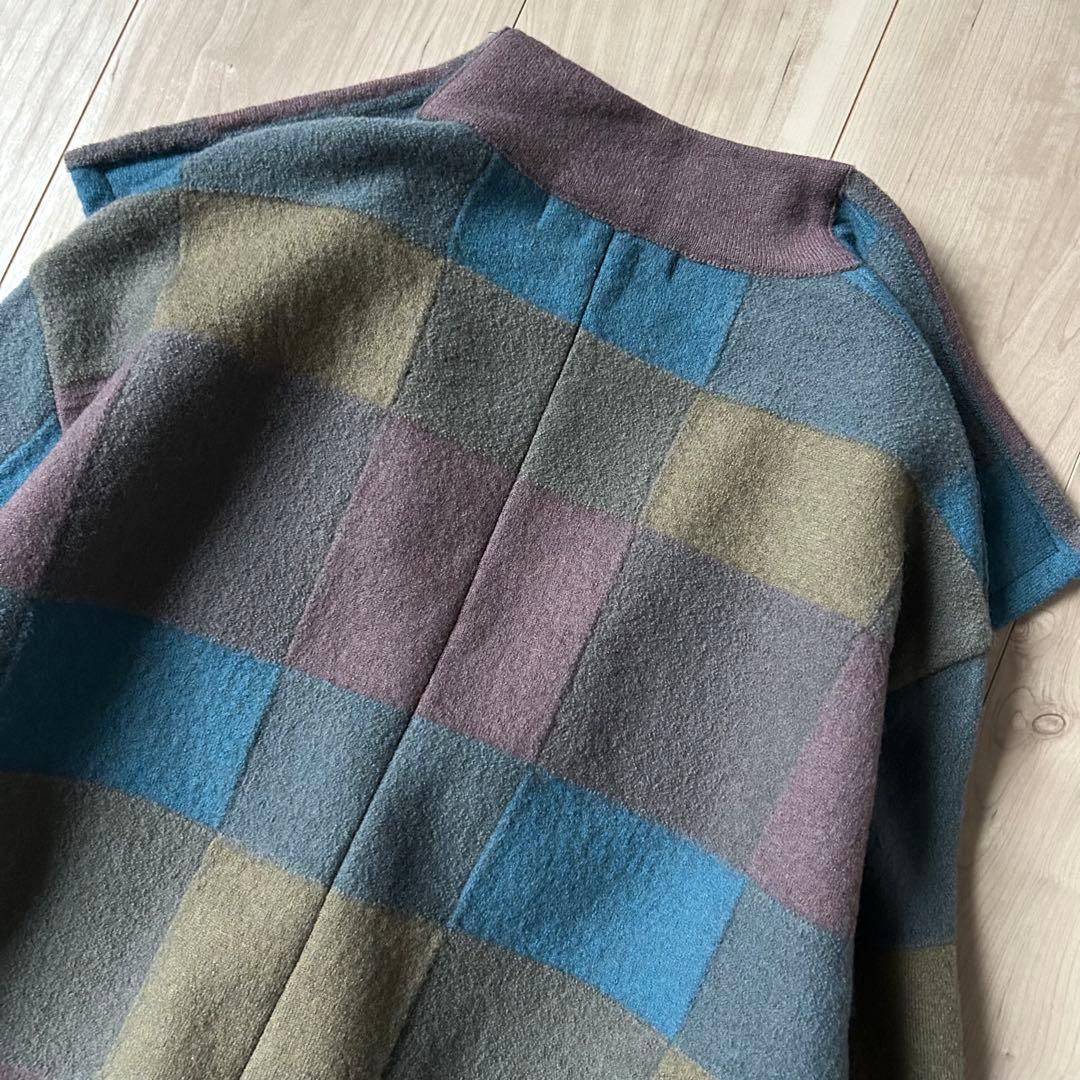ほぼ未使用＊佐藤繊維 イイネス チェック柄 パッチワーク 圧縮ニットコート