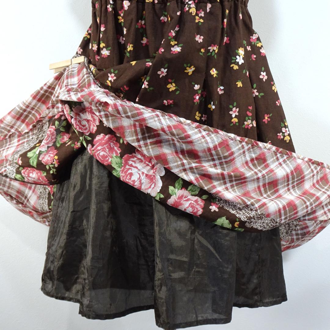 LIZLISA ワンピース 花柄 チェック柄 半袖 ブラウン フェアリーグランジ