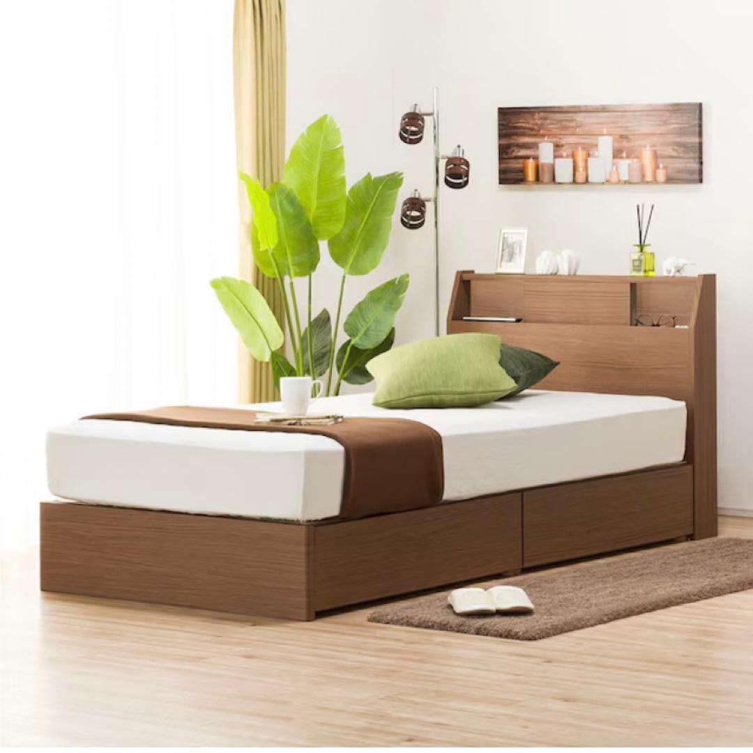 【美品3点】シングルベッドフレームブラウン、引き出し付き、シングルマットレス付き