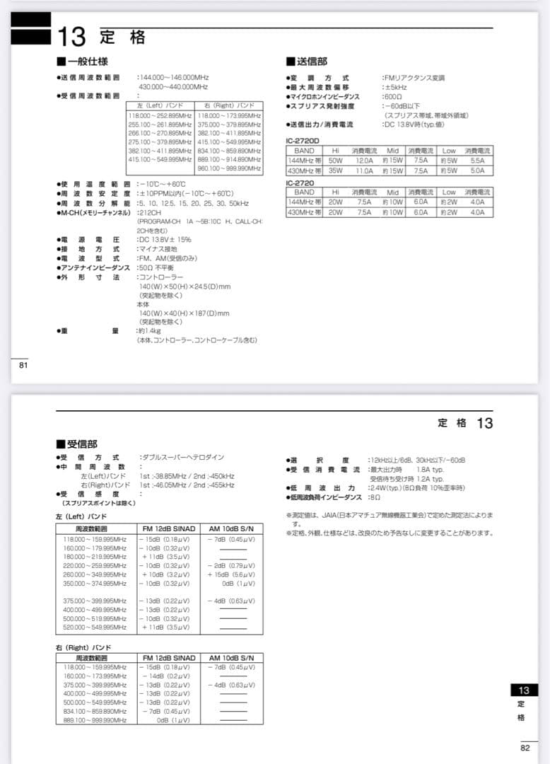 【動作確認済】アイコム IC-2720D 50W デュアルバンド アマチュア無線