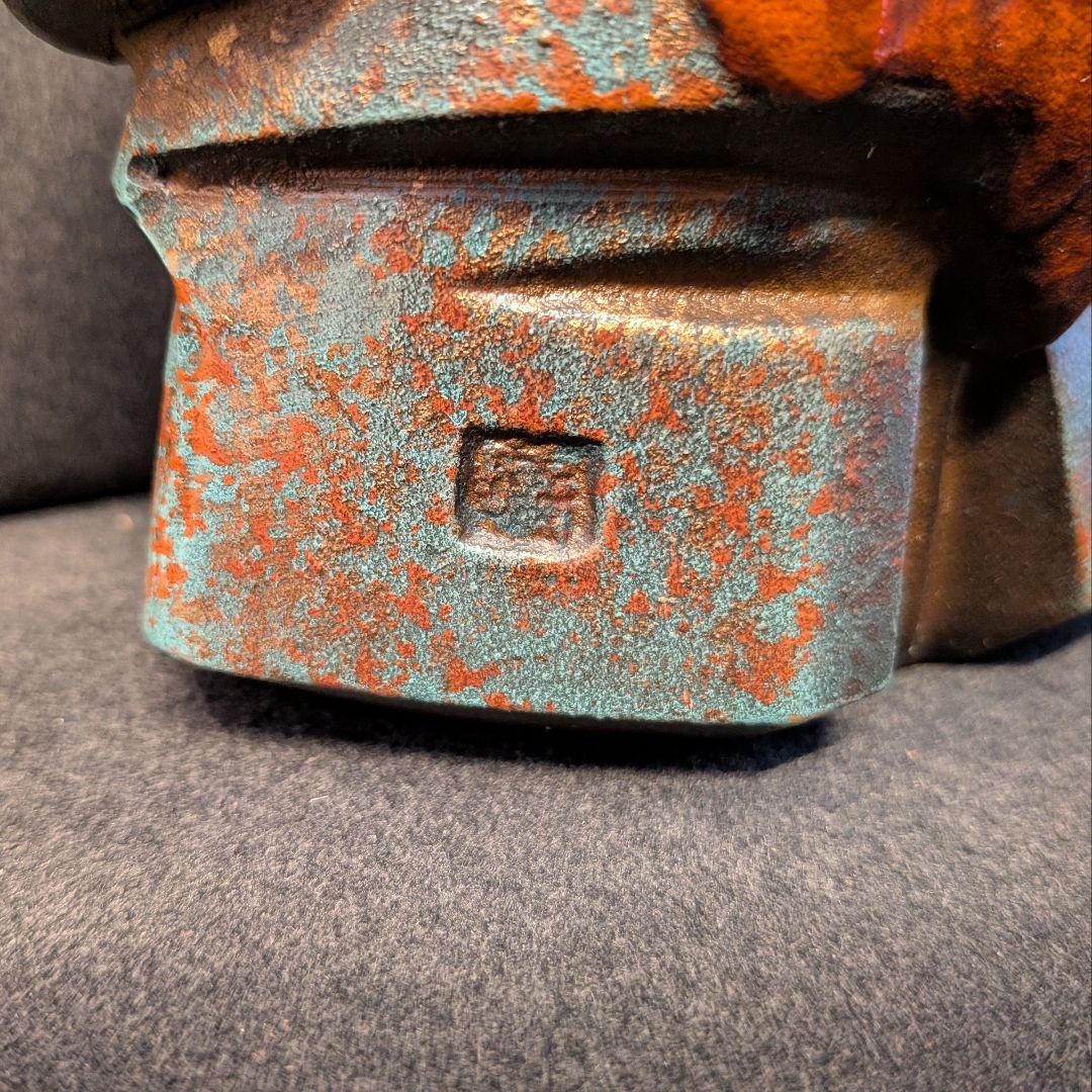 和装 童子像 扇子持ち 金属製 置物 鋳造刻印あり ブロンズ調 古美術風