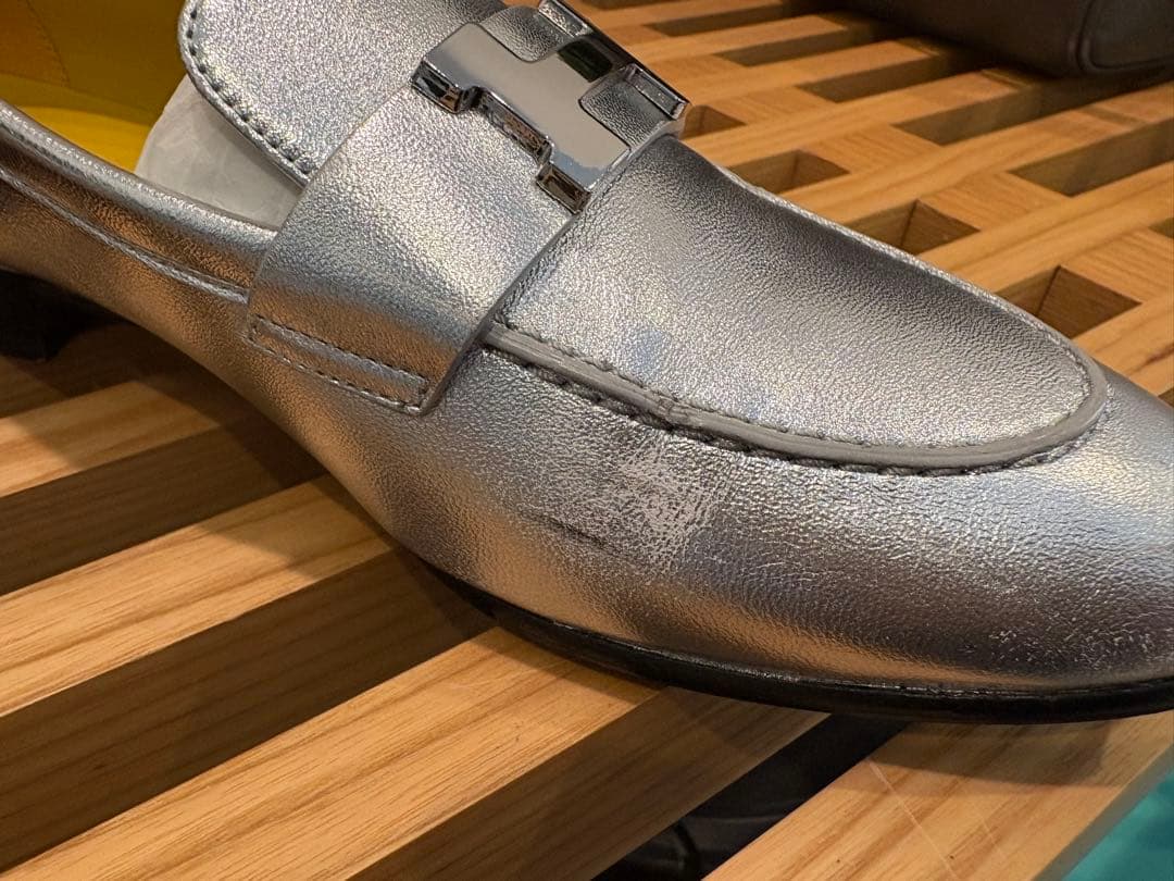 エルメス⭐︎モカシンパリシルバーレザーローファーH金具付き