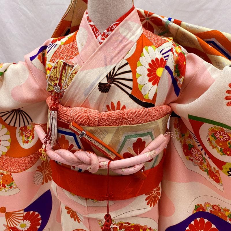 508ag7◎七五三 七歳 女児 アンティーク着物&丸帯 総柄 レトロ 桜色◎