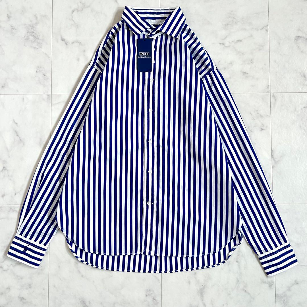タグ付 ポロ バイ ラルフローレン ストライプ シャツ 袖ロゴ 青 近年モデル0