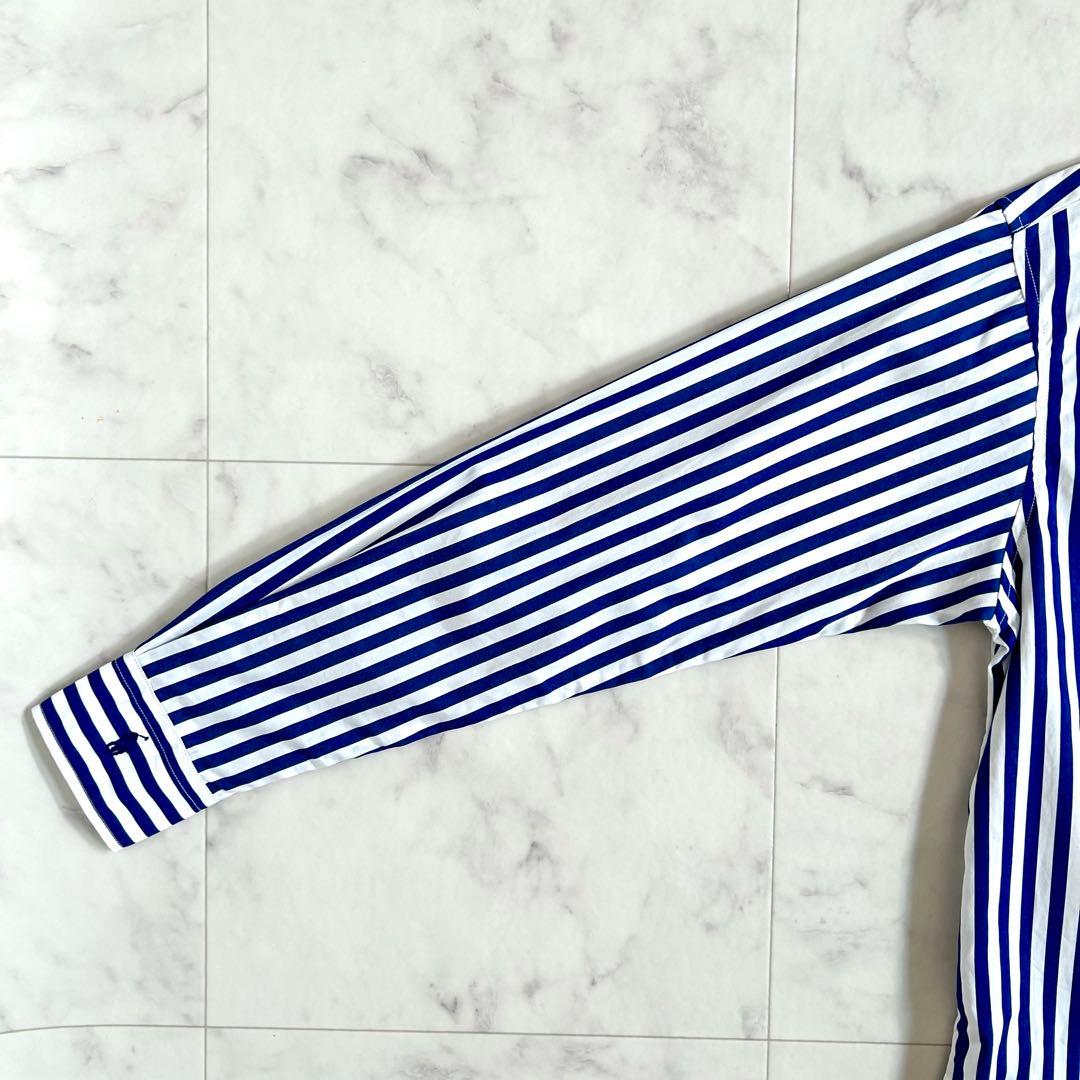 タグ付 ポロ バイ ラルフローレン ストライプ シャツ 袖ロゴ 青 近年モデル0