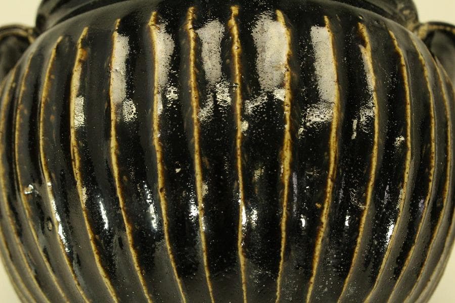 中国美術 黒釉 條紋壷 水指 茶道具伝来(ZE735)