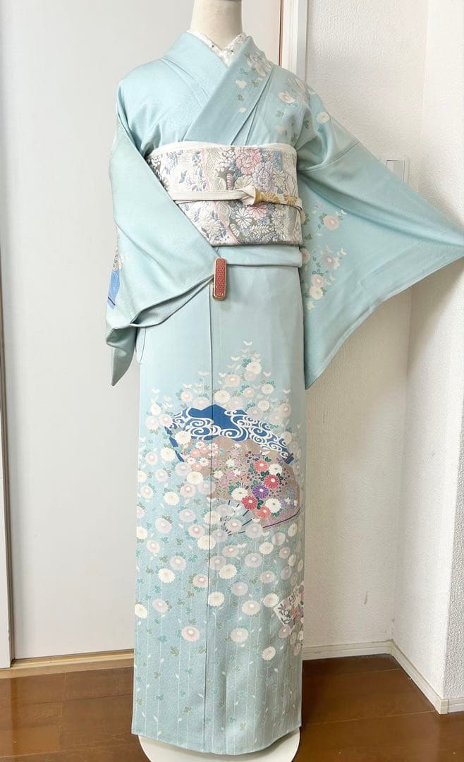 美品　人気の水色　正絹訪問着　フルセット4点　卒業式　入学式　七五三　お宮参り