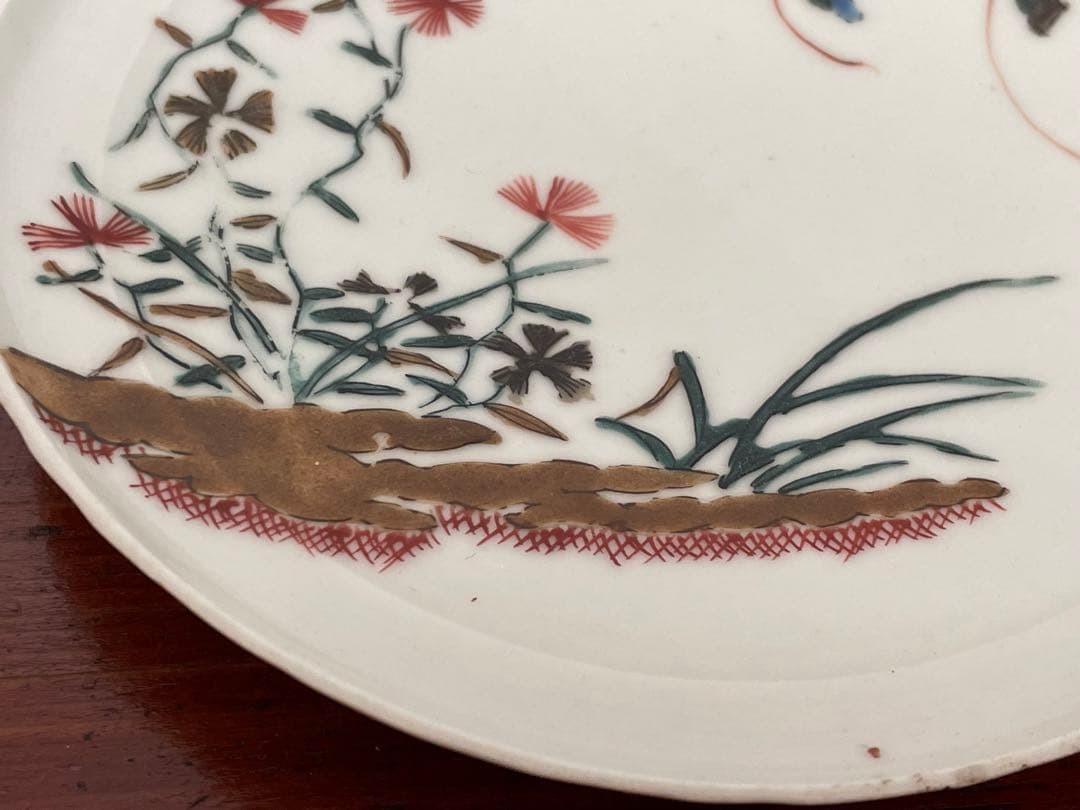 #2 骨董　アンティーク　色絵古九谷　撫子蝶々図　丸皿　五寸皿　角福　古九谷