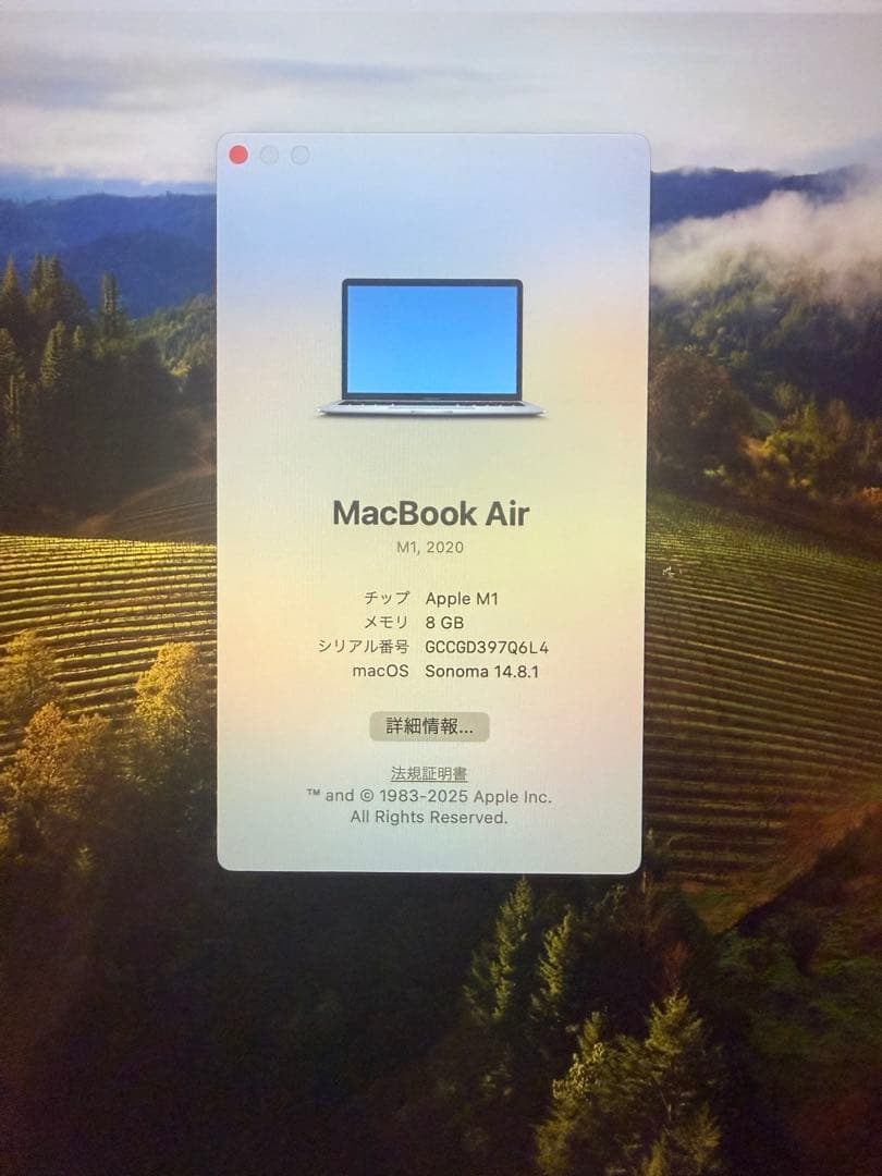 バッテリー最大容量96%MacBookAir M1 2020 8GB/258GB