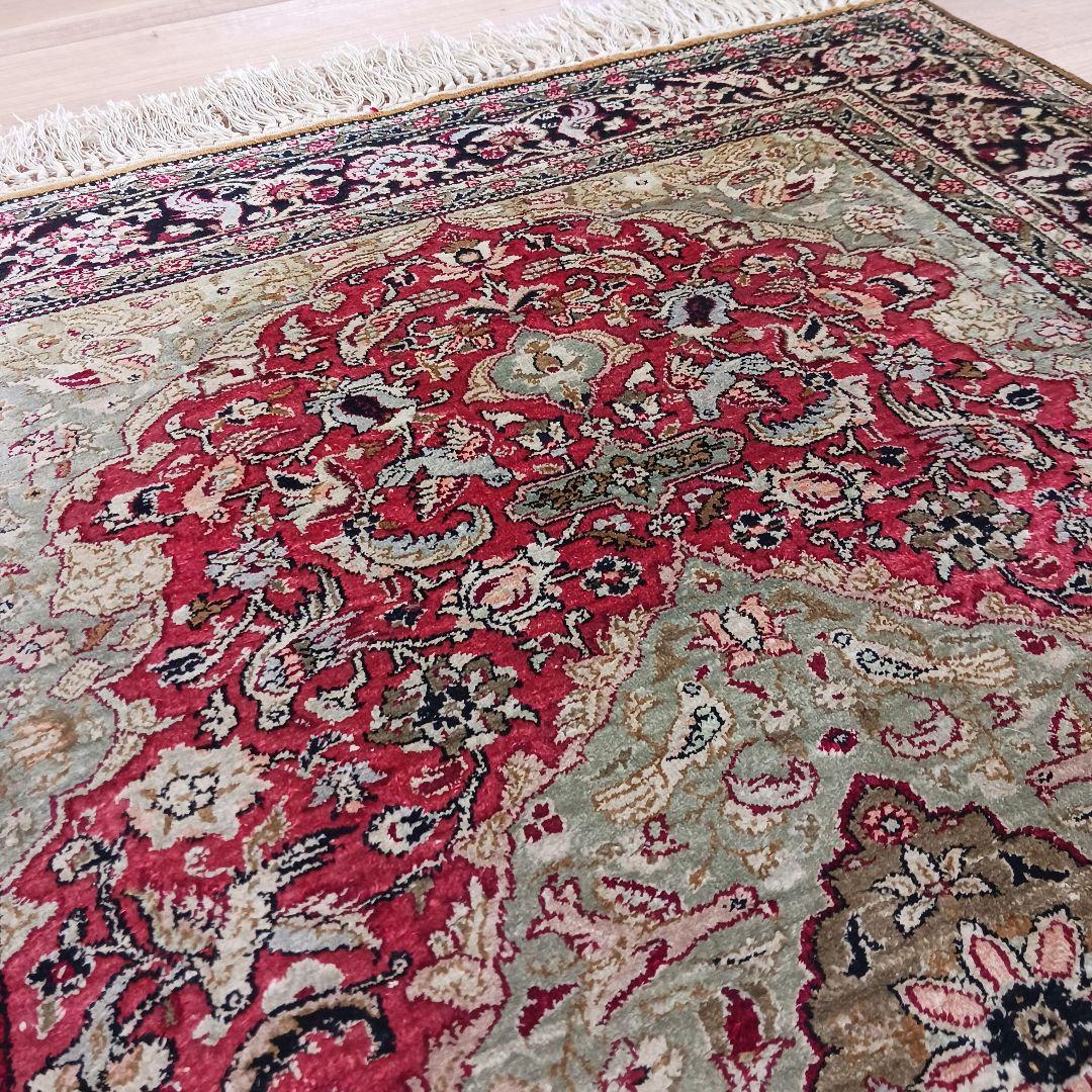 Y3354 高級ペルシャ絨毯 クム シルク100% 手織り メダリオン