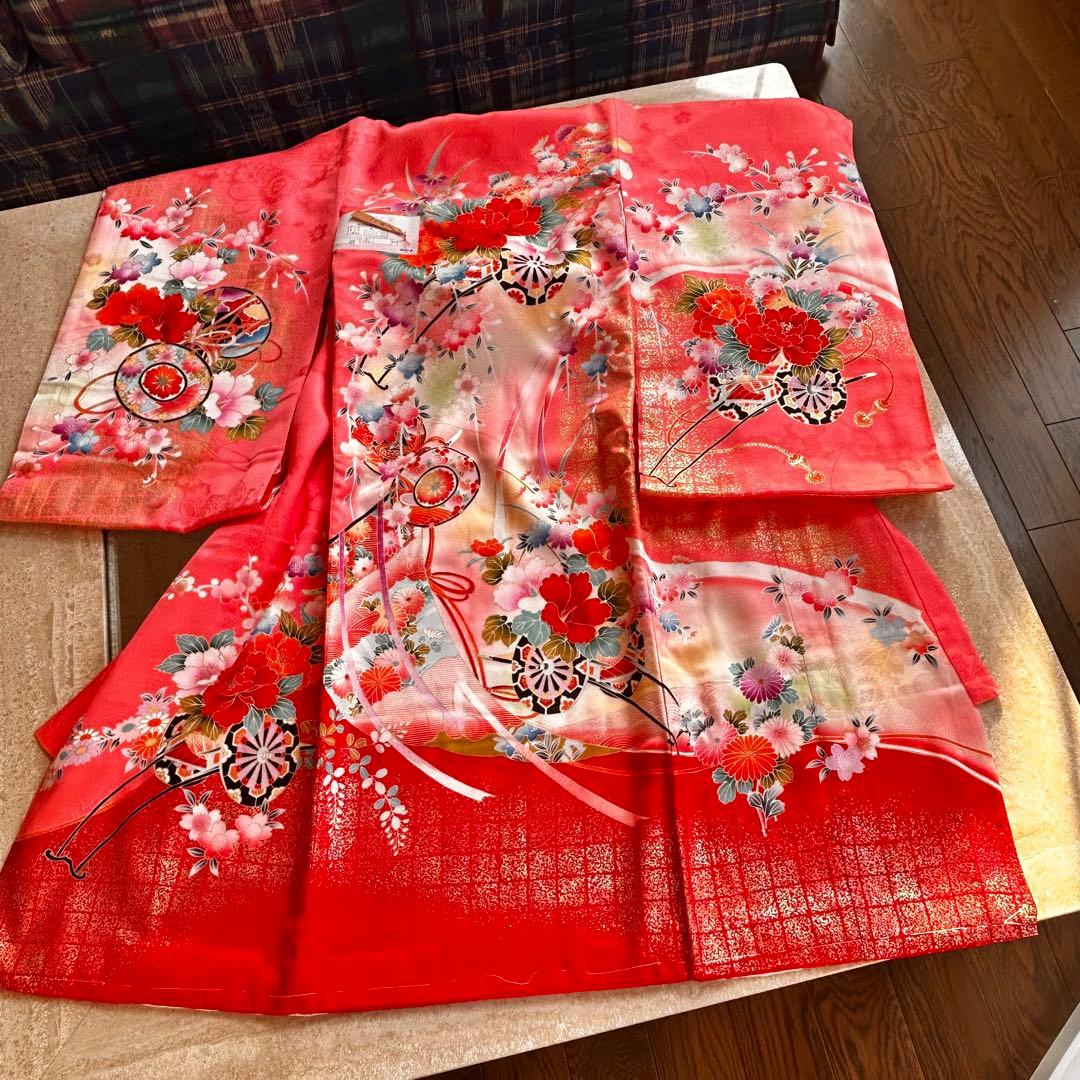 新品　正絹七五三用着物 ピンクと赤 花柄 身丈98cm お祝着物　日本製