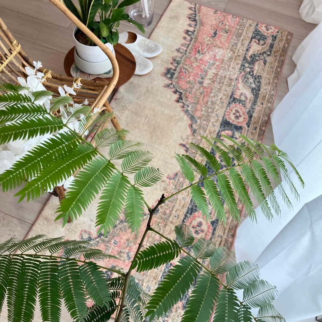 ペールミルキー✳︎62×147✳︎ピンク　ライン深ブルー　トルコヴィンテージラグ