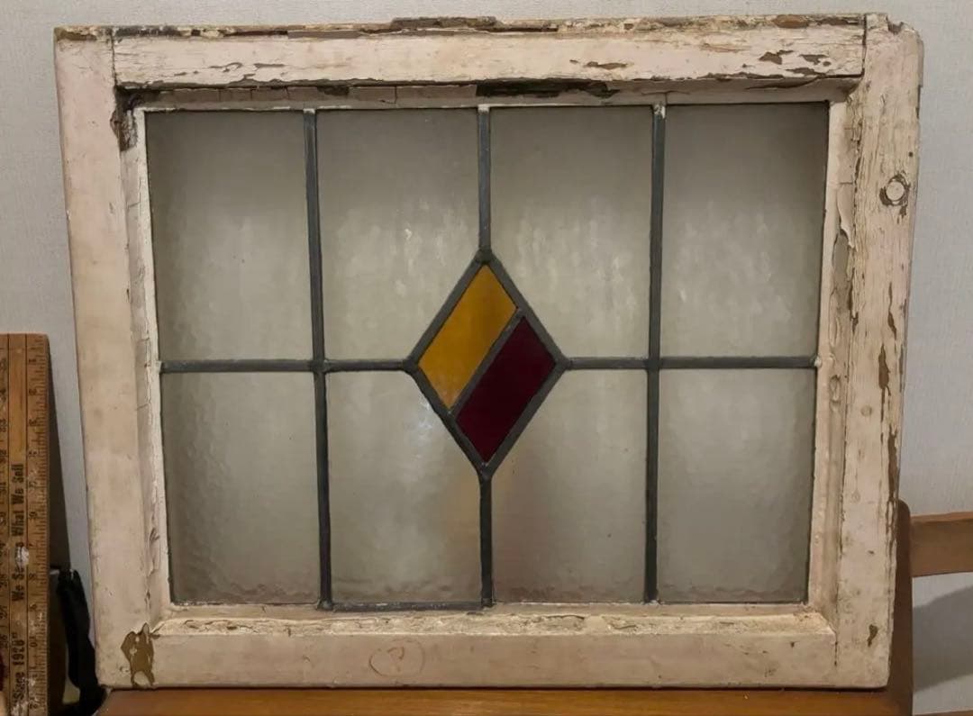 【最終価格】ステンドグラス ダイヤモンド型　窓枠 アンティーク　シャビーシック