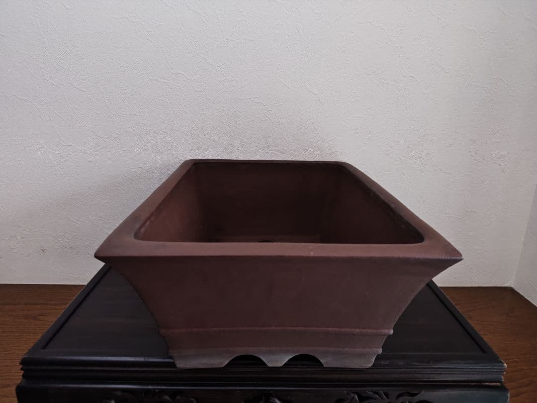 茶色の陶器製長方形盆栽鉢 太山　落款あり　希少　大型