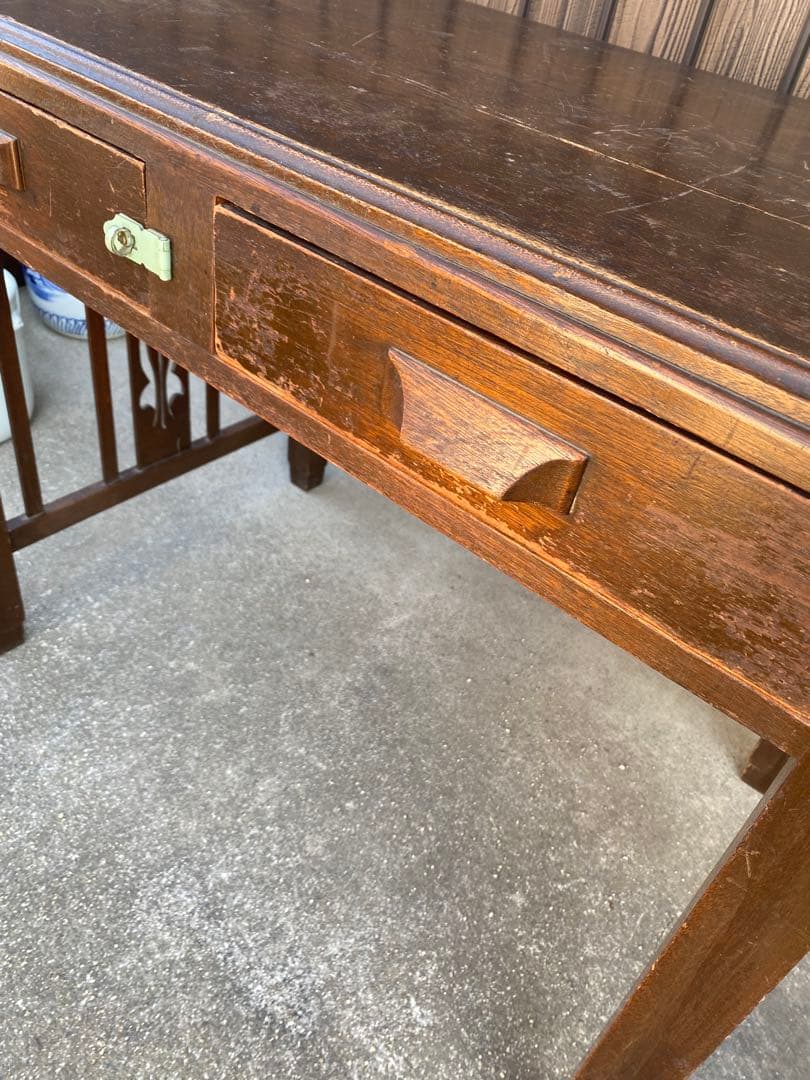 木製デスク　アンティーク　レトロ　古家具　引き出し　テーブル　古道具　平机