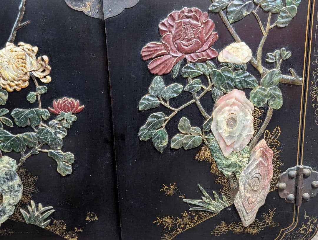 美術品 中国玉石木製 箪笥 花鳥模様 骨董品　アンティーク　レトロ