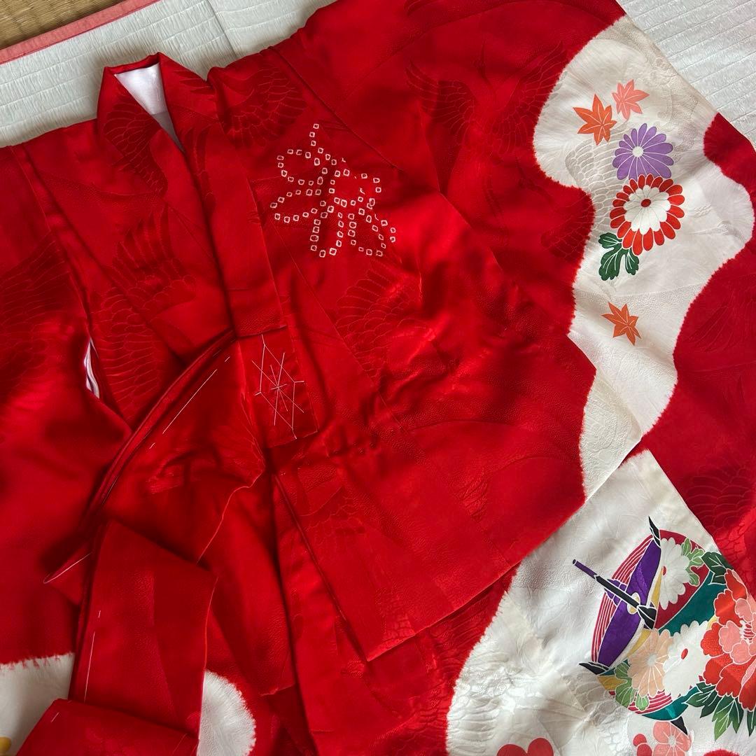 七五三 3歳 総絞り 被布 着物 絹 三歳 赤 草履 753 バッグ 花 レトロ