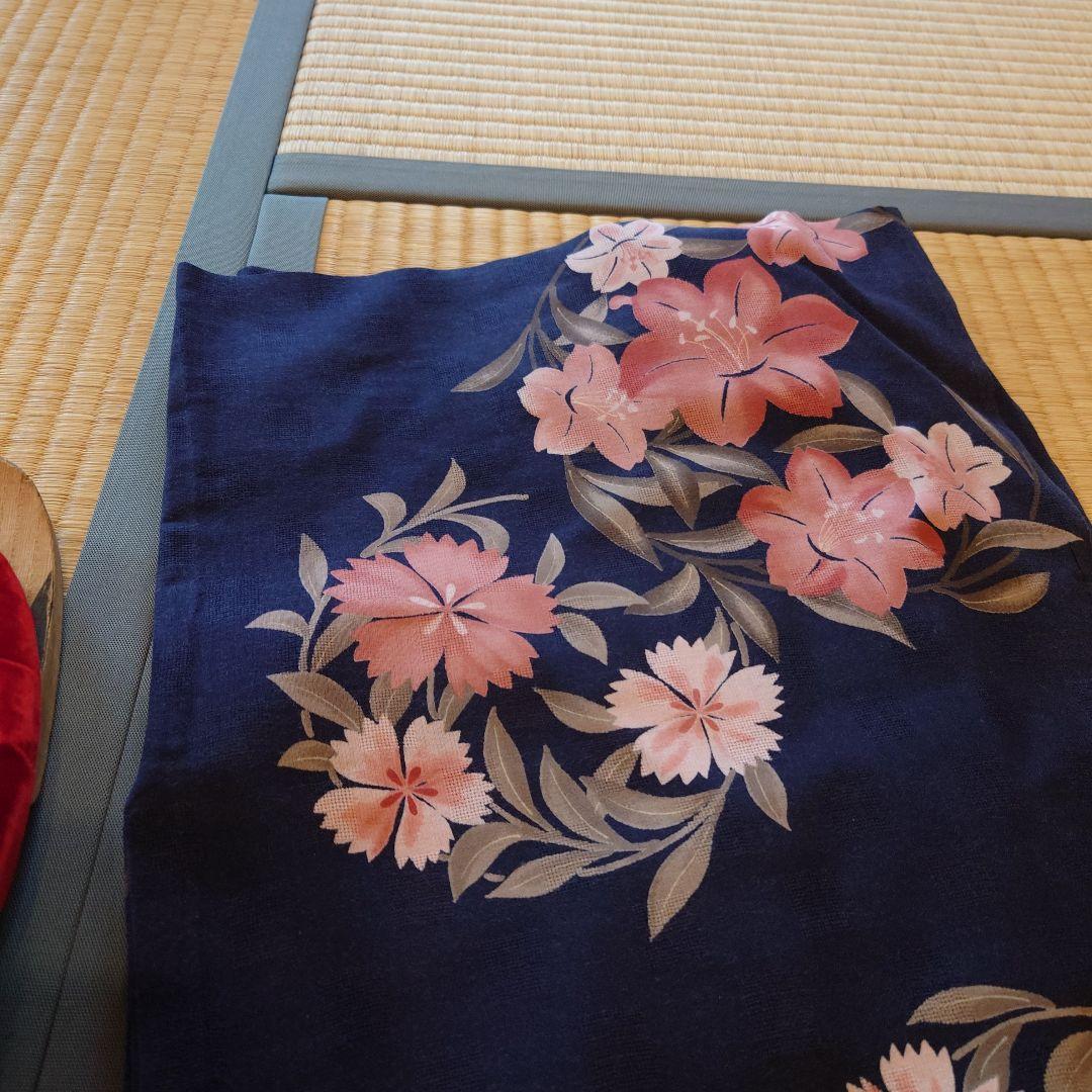 【lalala】【夢工房】浴衣・帯セット 紺色 撫子柄 下駄付き