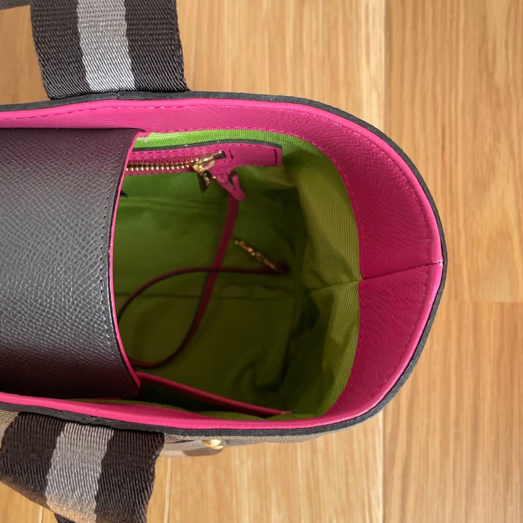 美品ADMJ ハンドバッグ レザー キャンバス　グレー　ストライプ