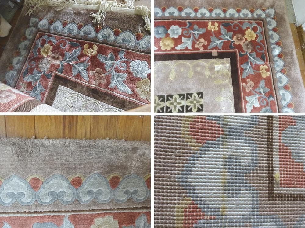 オリーブ　中国段通　シルク　120段　大判　306×246　高級絨毯　ラグ