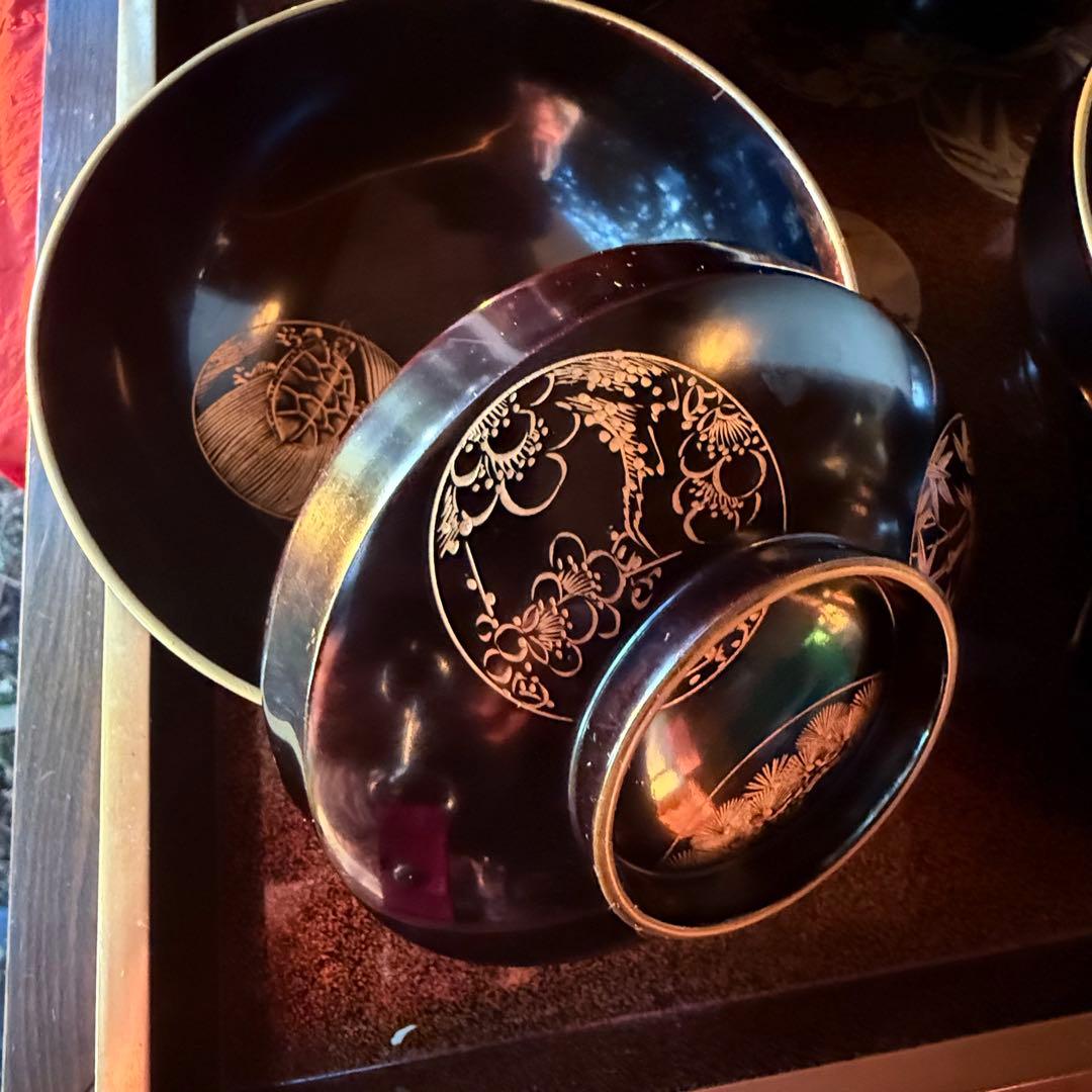2115様感謝‼️ スーパームーン記念JAPAN輪島丸紋沈金松竹梅&鶴亀　黒椀4客