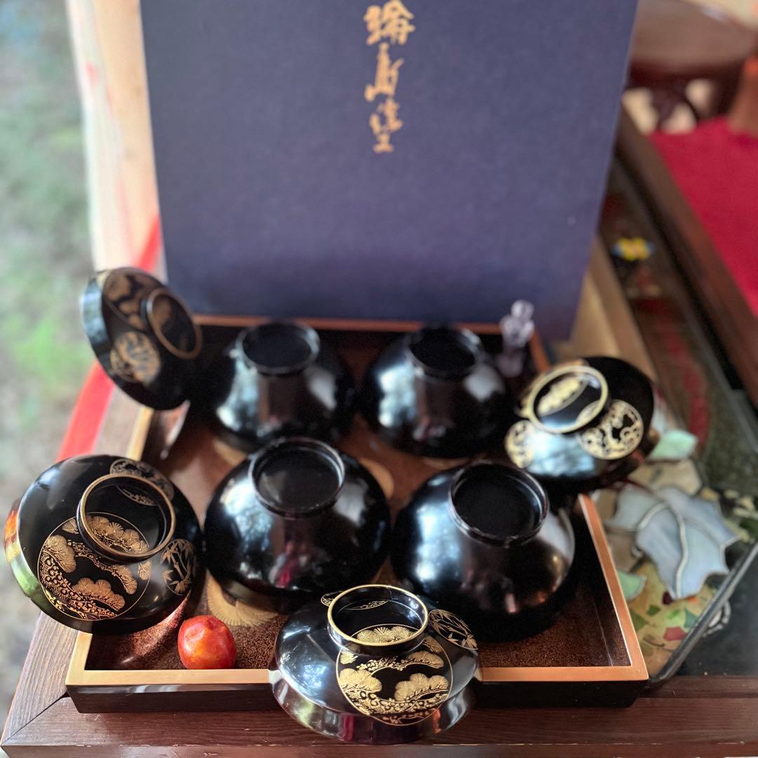 2115様感謝‼️ スーパームーン記念JAPAN輪島丸紋沈金松竹梅&鶴亀　黒椀4客