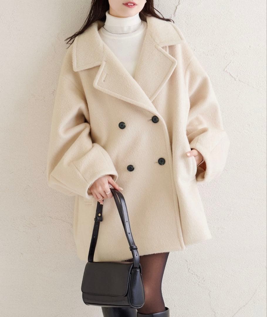 mystic ウール混 シャギーミドルコート アイボリー