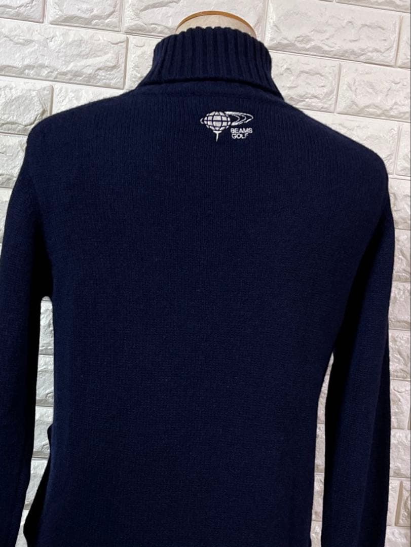 BEAMS GOLF ウール100% バイカラー タートルネック ニット 紺 S