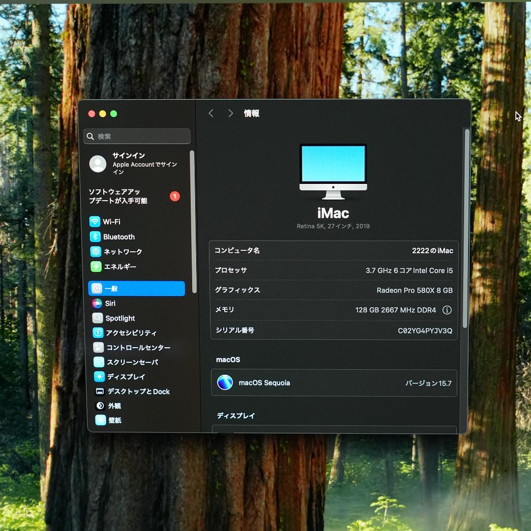 iMac 27インチ2019 6コアCorei5 3.7G/128GB/2TB
