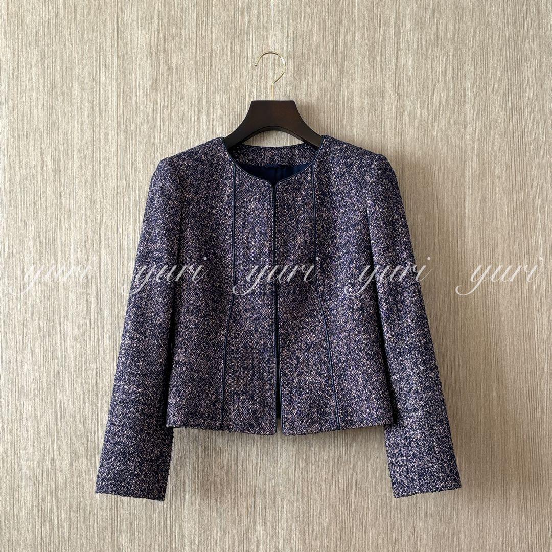 【1134】アナイ　ツィードクルージャケット　濃紺　ピンク　34 小さいサイズ