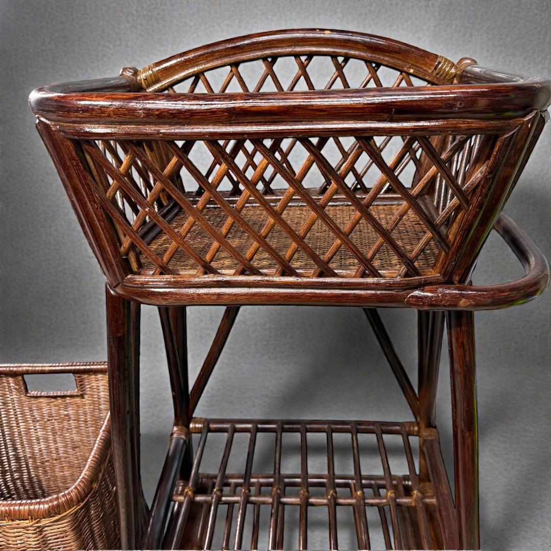 【雰囲気爆発】昭和レトロ 籐製ラタンワゴン キャスター付 脱着式バスケット