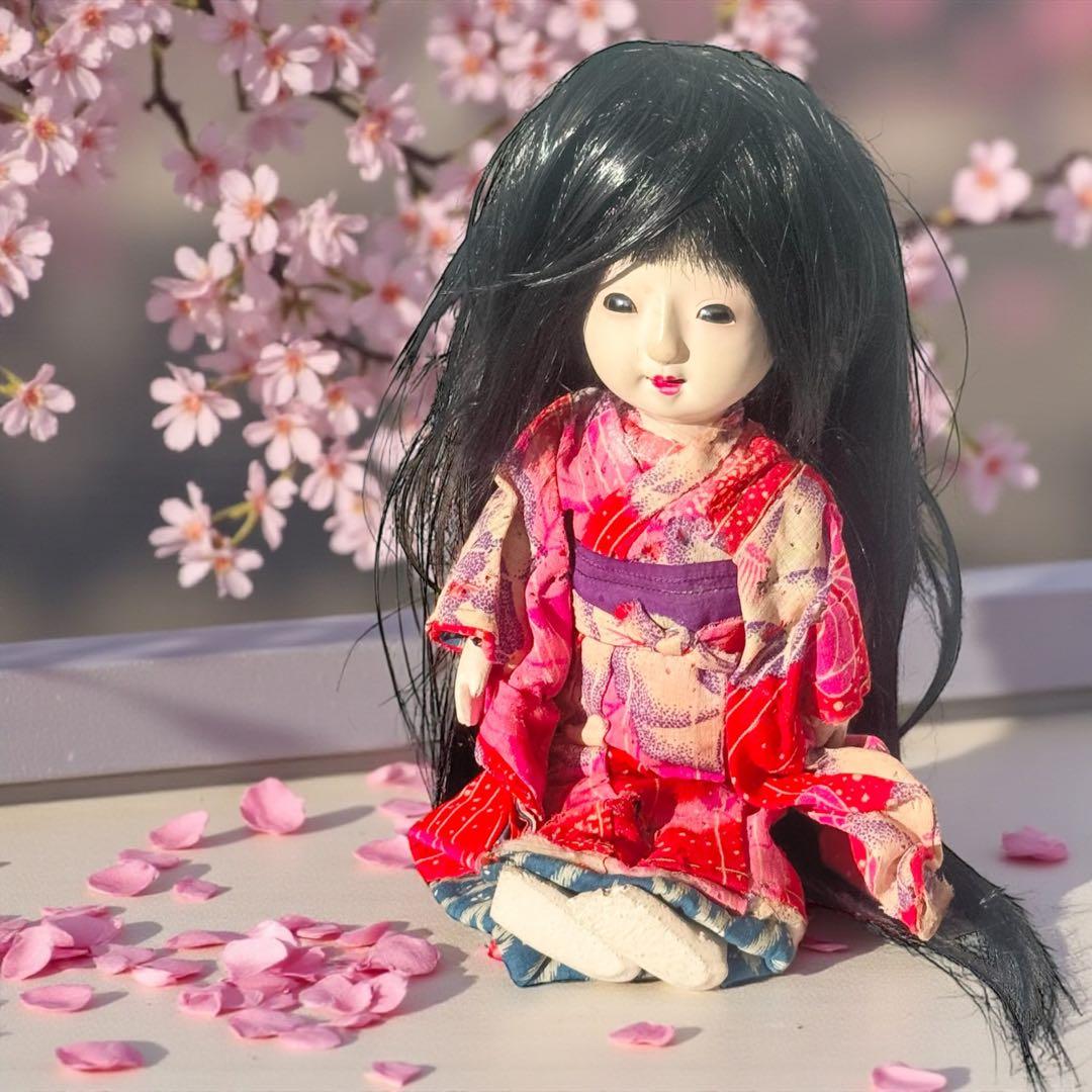 市松人形 明治後期 市印 朱印 三つ折れ 単色黒目 ガラス目 縮緬 1890年代