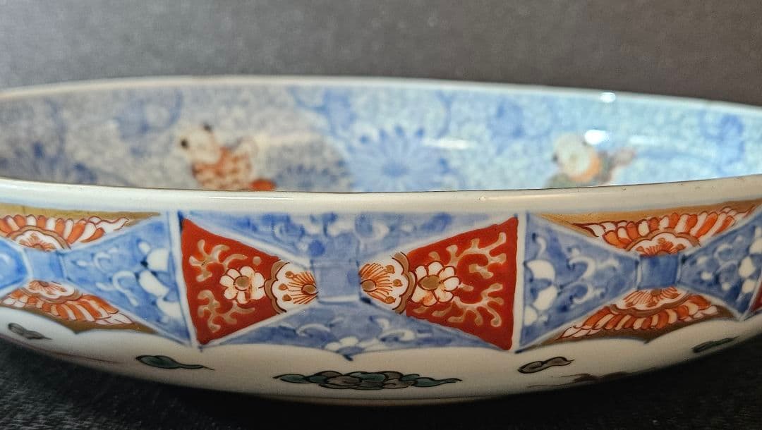 大名品❗】江戸時代　古伊万里　染錦　 唐草文に金彩色絵唐子図　31.2cm大鉢