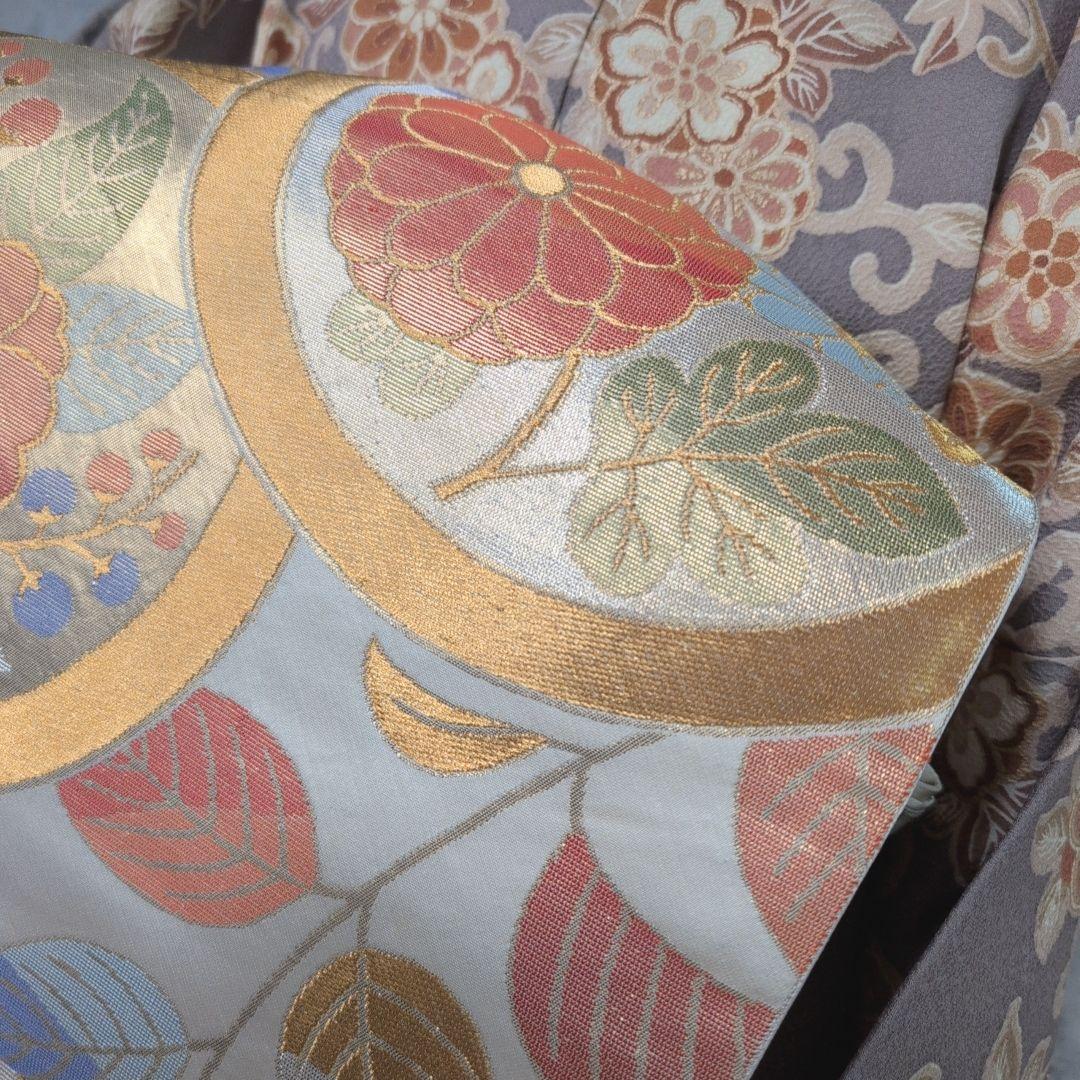 訪問着　フルセット　着物　正絹　グレー地　花　豪華　E1