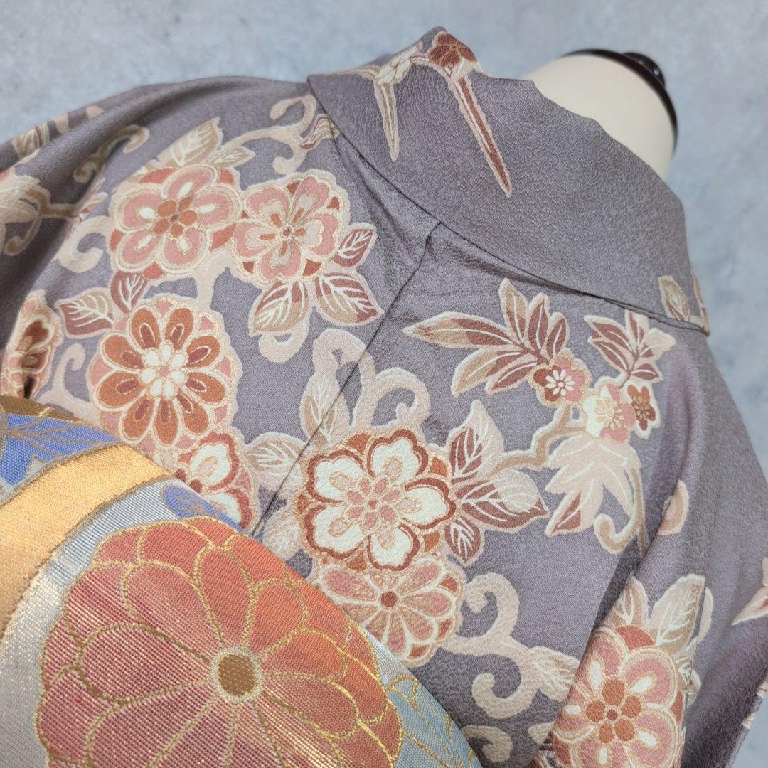 訪問着　フルセット　着物　正絹　グレー地　花　豪華　E1