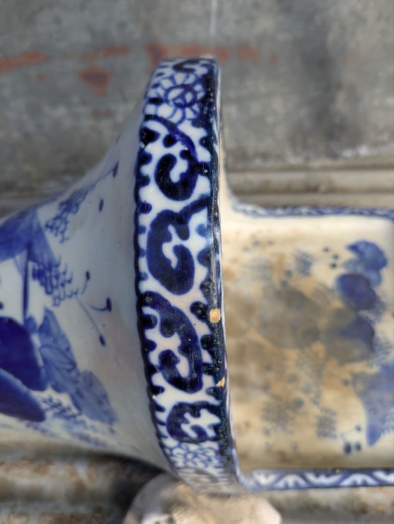 【交渉中】古便器　小便器　セット　青と白の花柄　古道具　アンティーク　伊万里焼