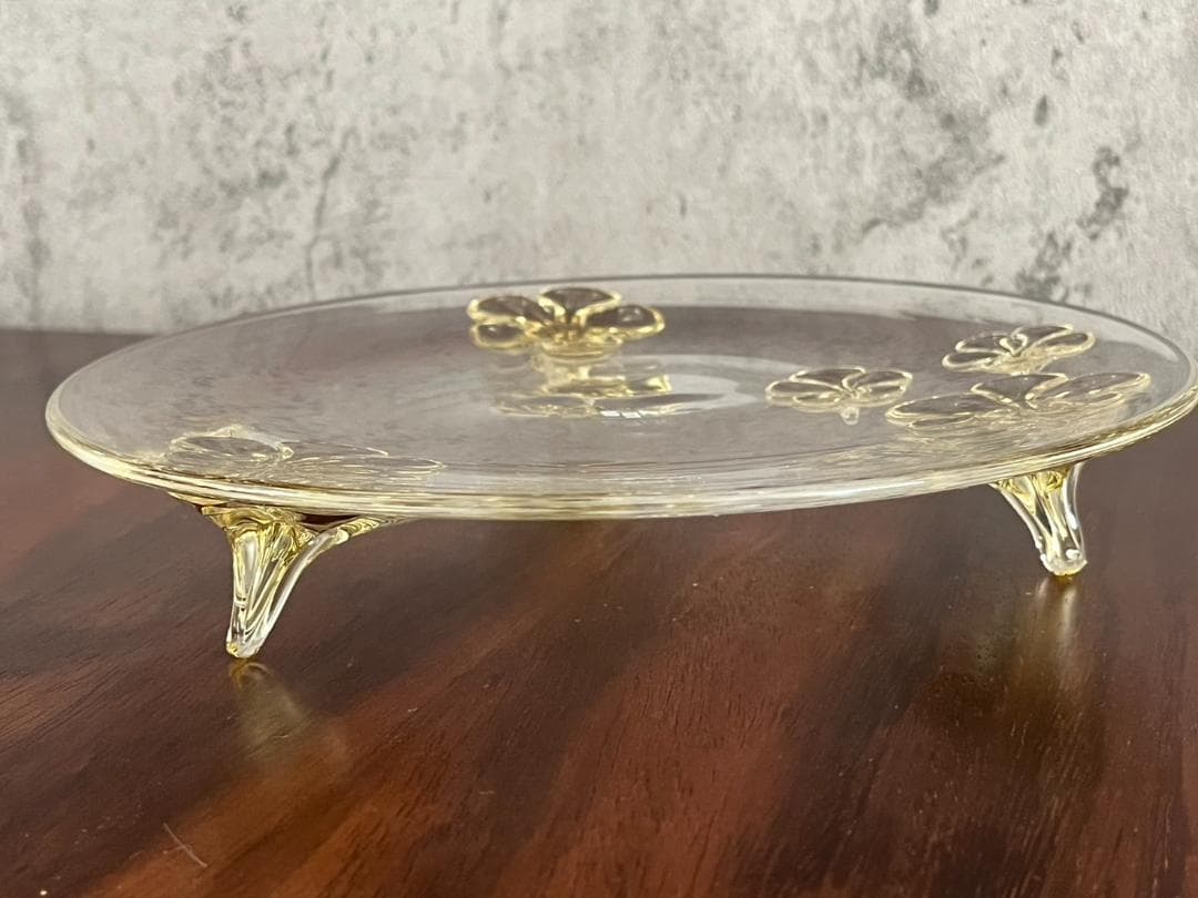 ◆未使用 スガハラ カメリア 足付プレート 23cm お皿 イエロー系 箱付