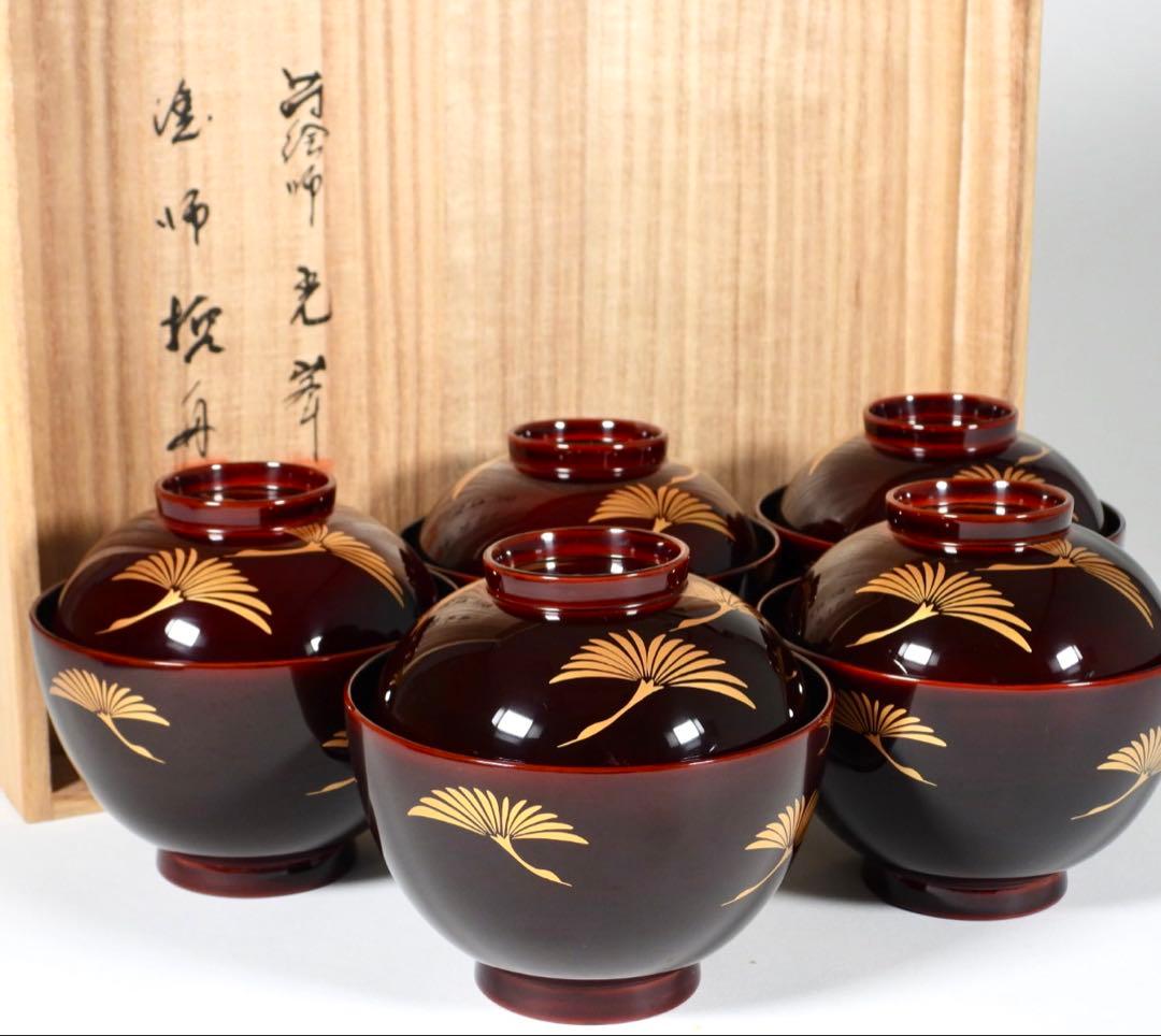 【らいおん】塗師 哲舟 蒔絵師 光峯 輪島屋本店造 輪島塗吸物椀 五客共箱