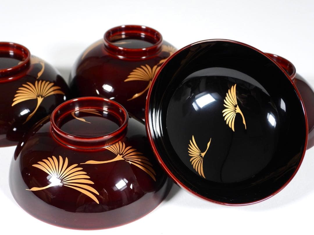 【らいおん】塗師 哲舟 蒔絵師 光峯 輪島屋本店造 輪島塗吸物椀 五客共箱