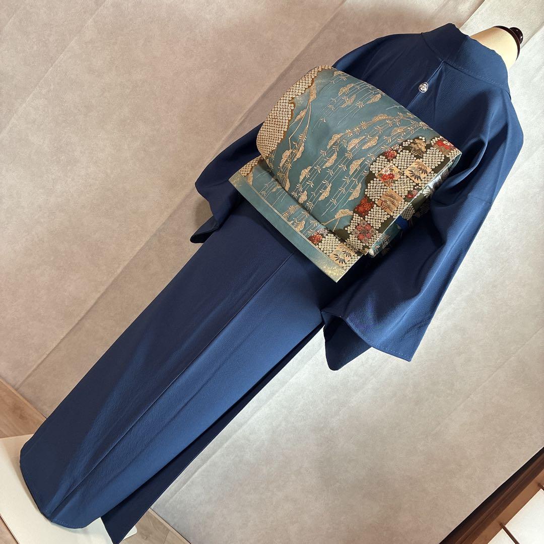 色無地　フルセット　着物　正絹　一つ紋　ブルー系　G4