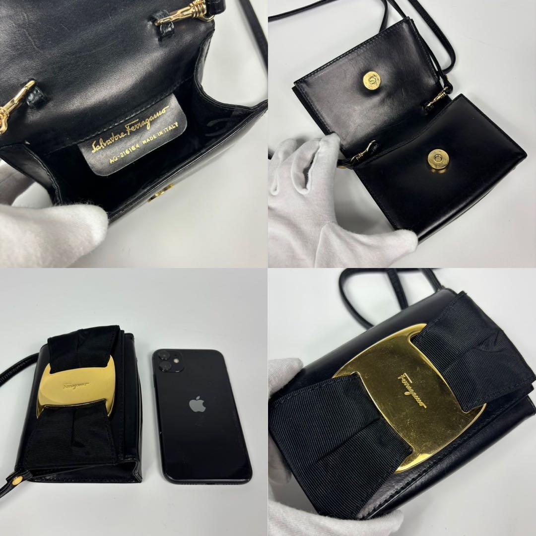 極美品　フェラガモ　ショルダーバッグ　ポシェット　レザー　デカ　リボン　黒