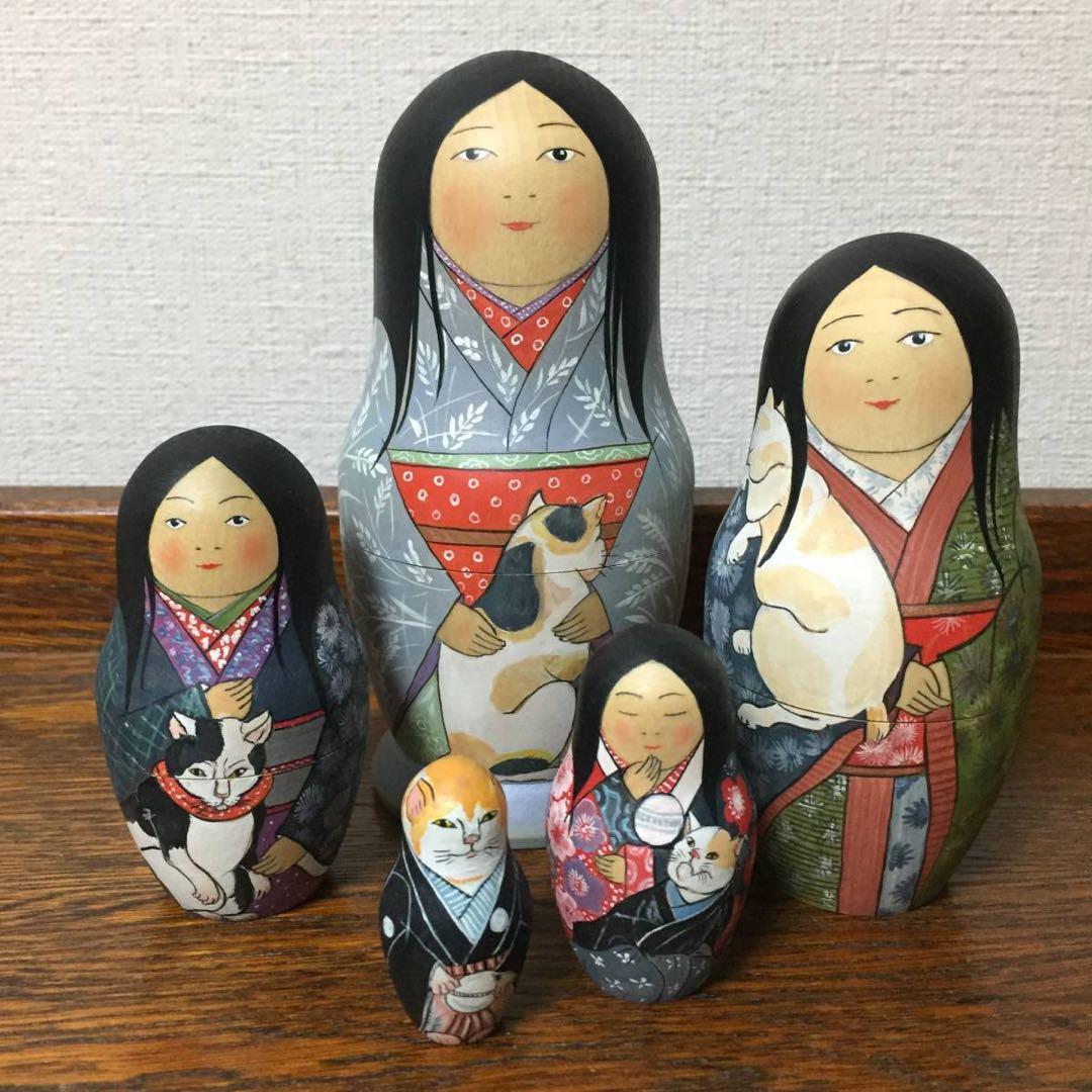 ロシア雑貨☆着物マトリョーシカ(5P)和風猫 ボボワ作 オマケ付き♪
