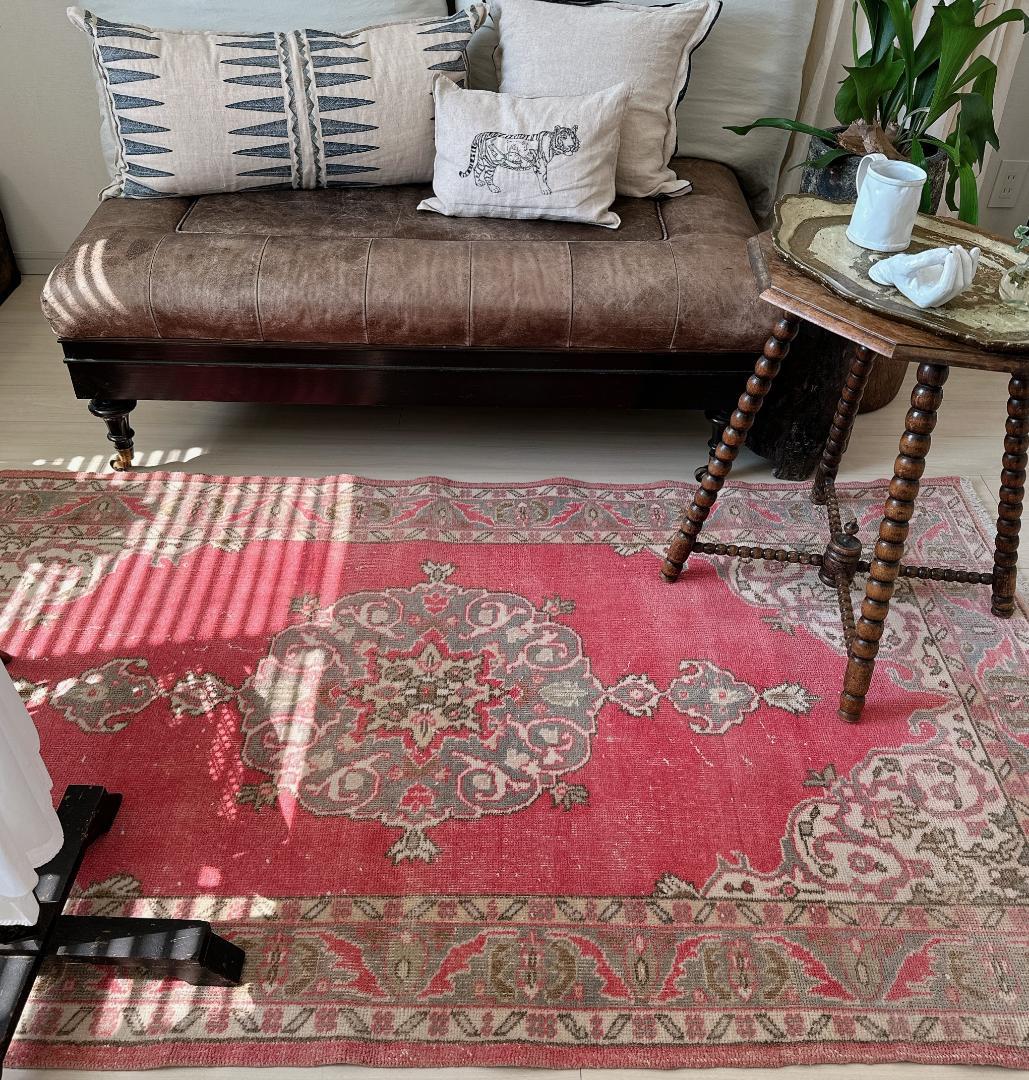 トルコヴィンテージラグ A65 コーラル レッド ネイビー ブルーグレー