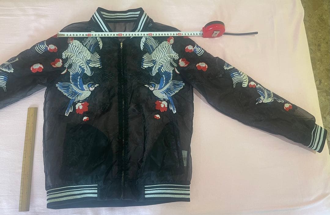 Ochirly(L)透けるスカジャンTATOO柄,春夏軽い,未使用に近い男女兼用