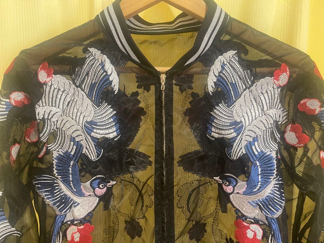 Ochirly(L)透けるスカジャンTATOO柄,春夏軽い,未使用に近い男女兼用