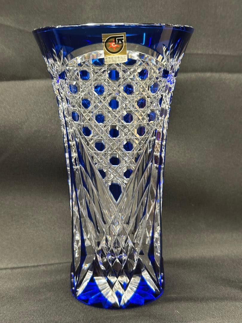 【使用美品】江戸切子　切子　花器　花瓶　壺　泰典　青　ブルー　20.5cm